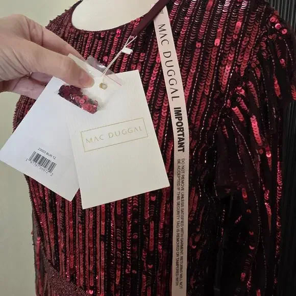 Mac Duggal 23003 Burgundy Sequin Midi Ruffle Long Sleeve Formal Gown 12